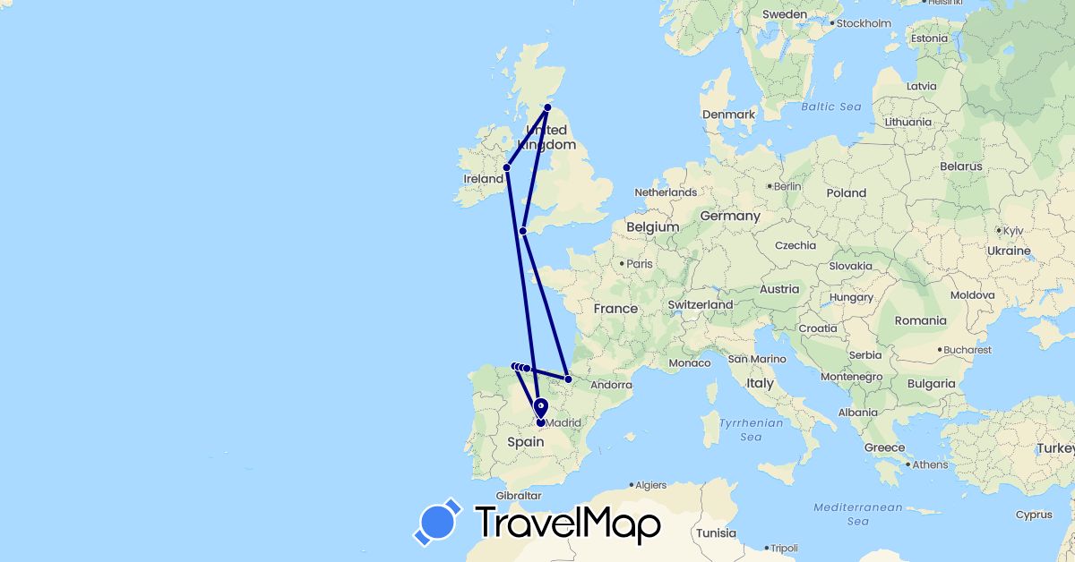 TravelMap itinerary: driving in Spain, United Kingdom, Ireland (Europe)